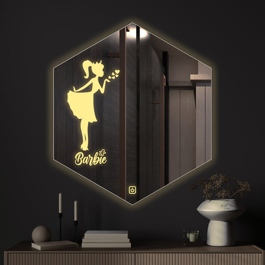 Hexagon Shaped Fairy Barbie Girl Design LED Bathroom Wall Mirror