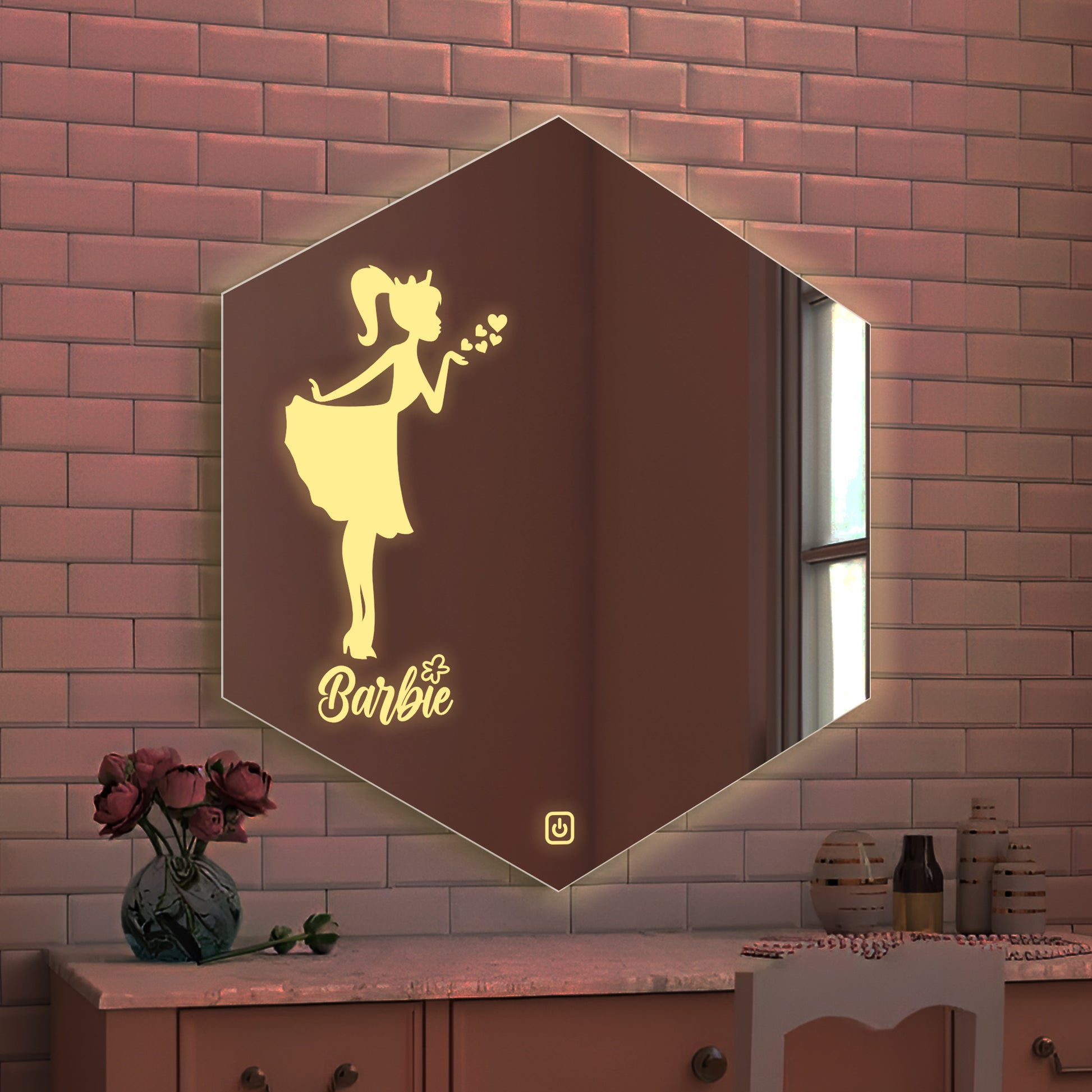 Hexagon Shaped Fairy Barbie Girl Design LED Bathroom Wall Mirror