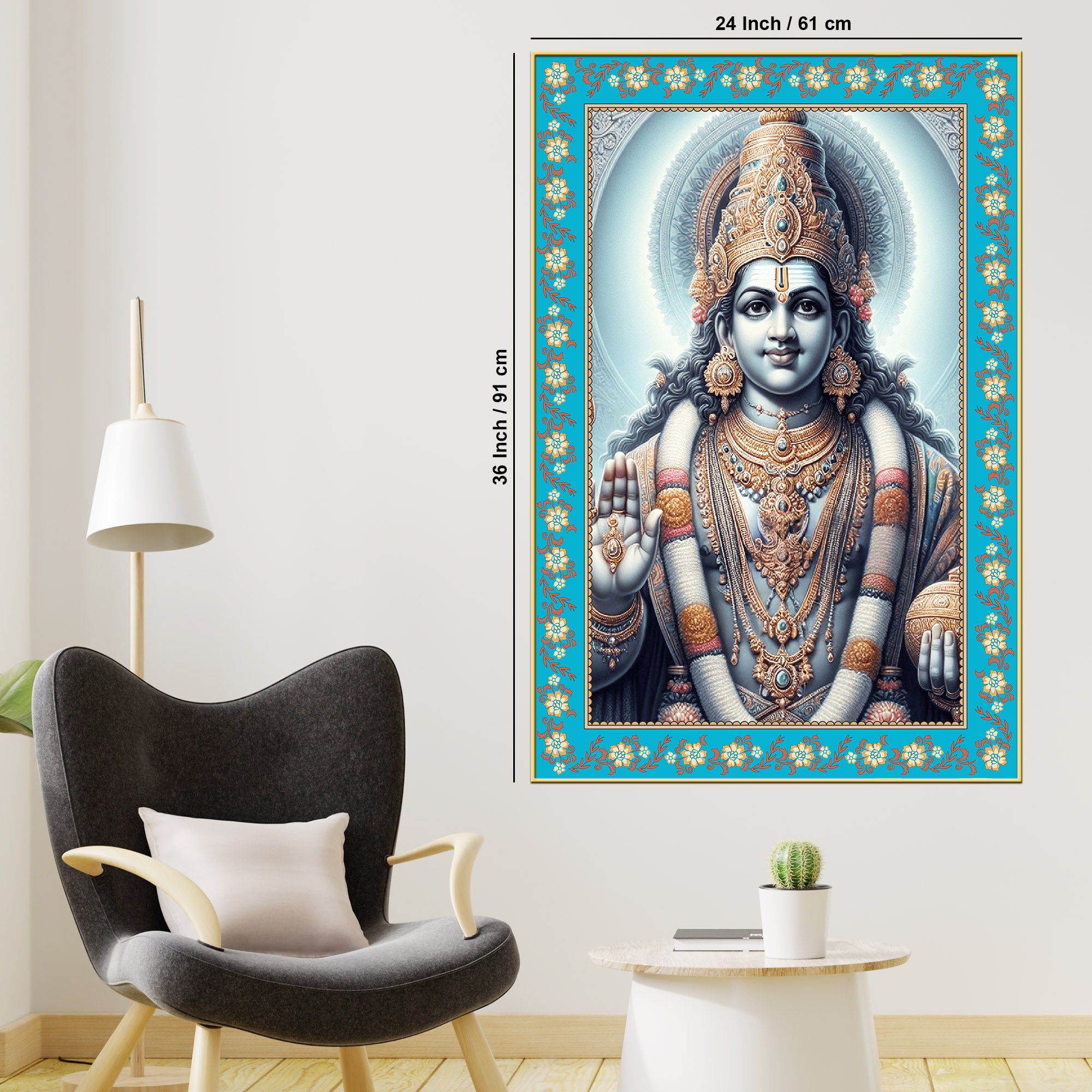 Hindu Deity Vishnu Floral Border Vertical Wall Painting