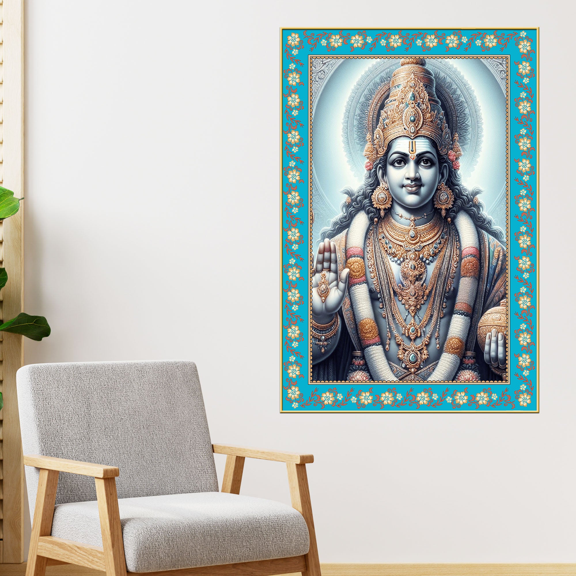 Hindu Deity Vishnu Floral Border Vertical Wall Painting