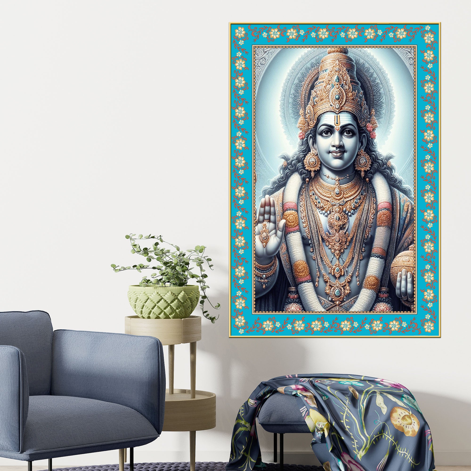 Hindu Deity Vishnu Floral Border Vertical Wall Painting