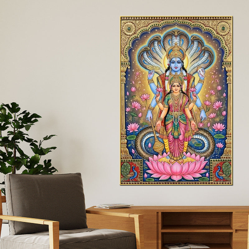 Hindu Devotional Lakshmi Vishnu Canvas Painting for Religious Decor