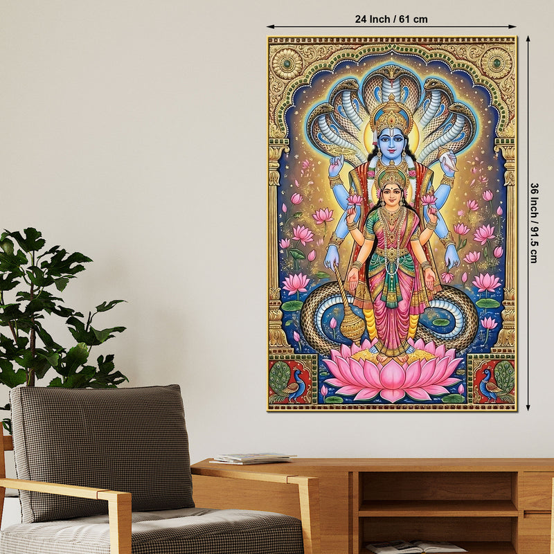Hindu Devotional Lakshmi Vishnu Canvas Painting for Religious Decor