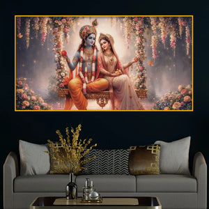 Hindu God Radha Krishna Crystal Glass Wall Art Floral Painting