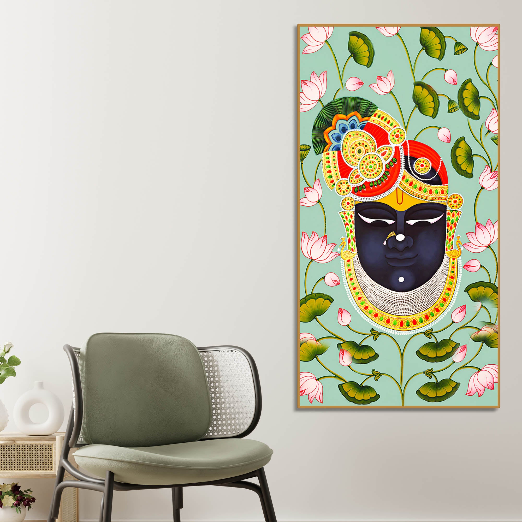 Hindu God Shrinath Ji Face Canvas Painting | Lotus Pattern Spiritual Decor