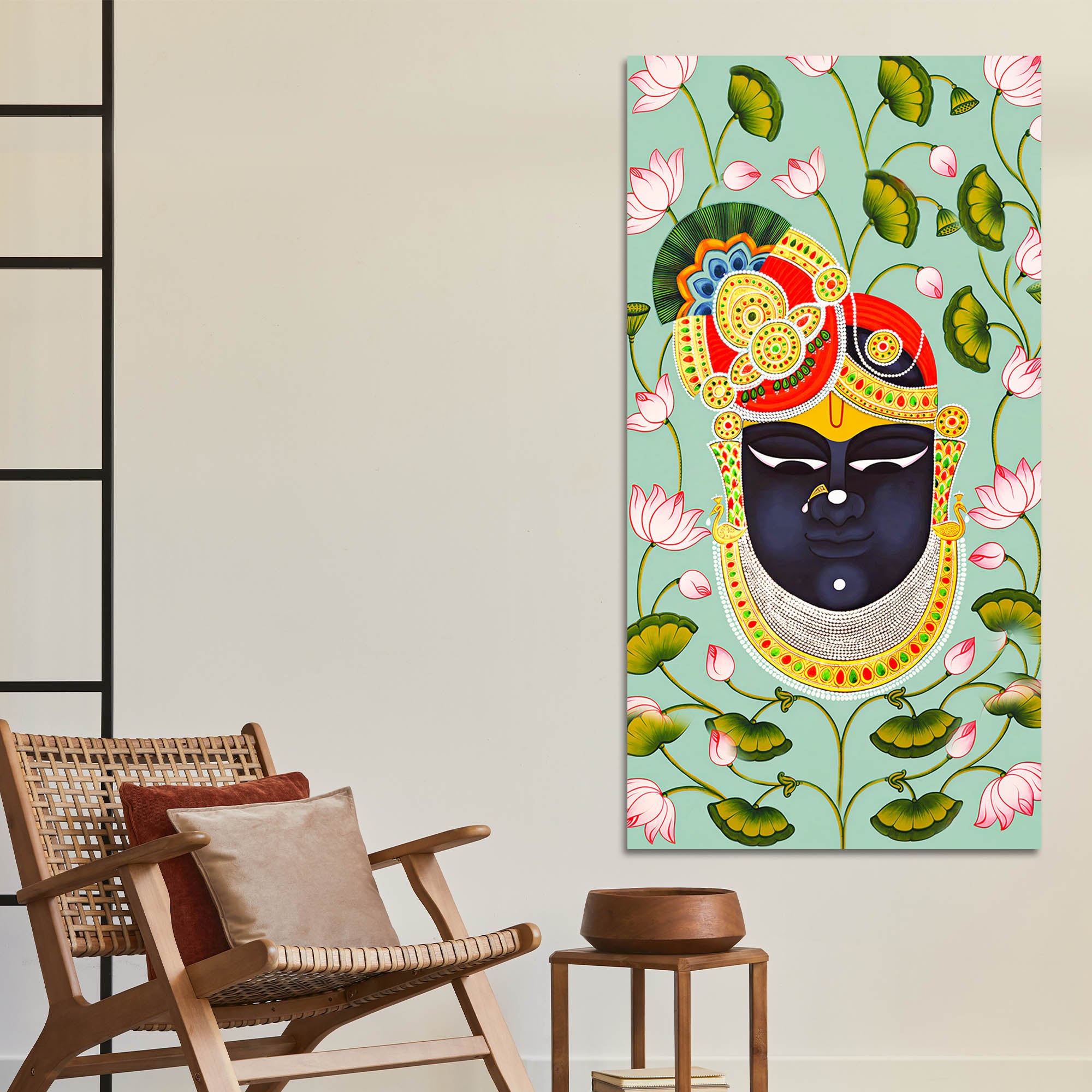 Hindu God Shrinath Ji Face Canvas Painting | Lotus Pattern Spiritual Decor