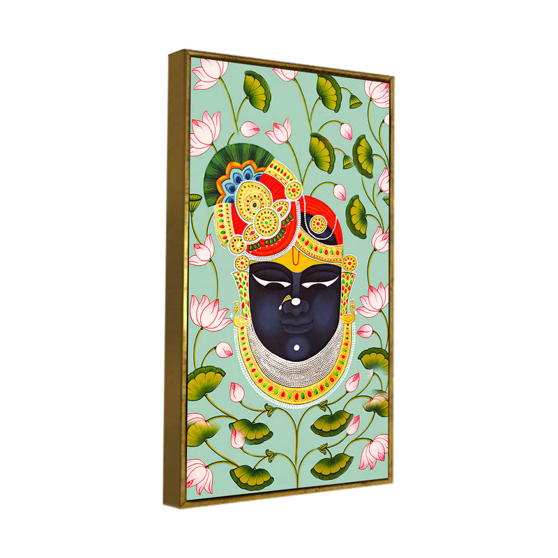 Hindu God Shrinath Ji Face Canvas Painting | Lotus Pattern Spiritual Decor