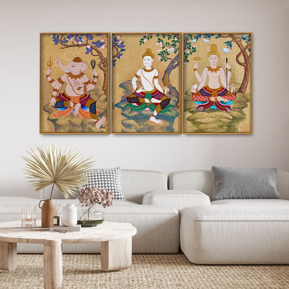 Hindu God Thai Style Art Canvas Floating Canvas Wall Painting Set of Three