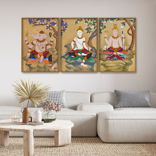 Hindu God Thai Style Art Canvas Floating Canvas Wall Painting Set of Three