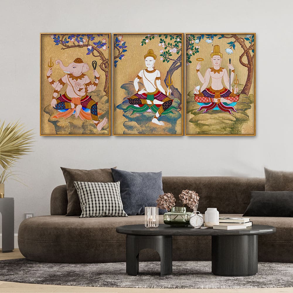 Hindu God Thai Style Art Canvas Floating Canvas Wall Painting Set of Three