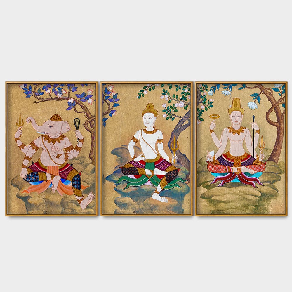 Hindu God Thai Style Art Canvas Floating Canvas Wall Painting Set of Three