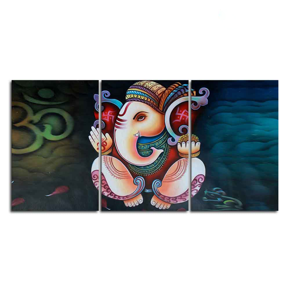 Hindu Lord Ganesha 3 Pieces Canvas Wall Painting