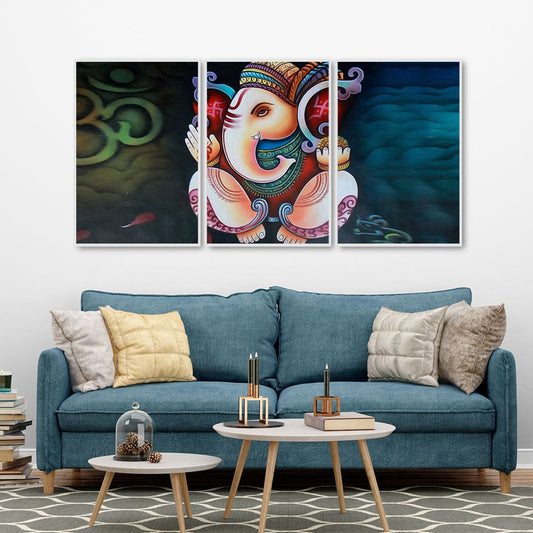 Hindu Lord Ganesha Floating Canvas Wall Painting Set of Three