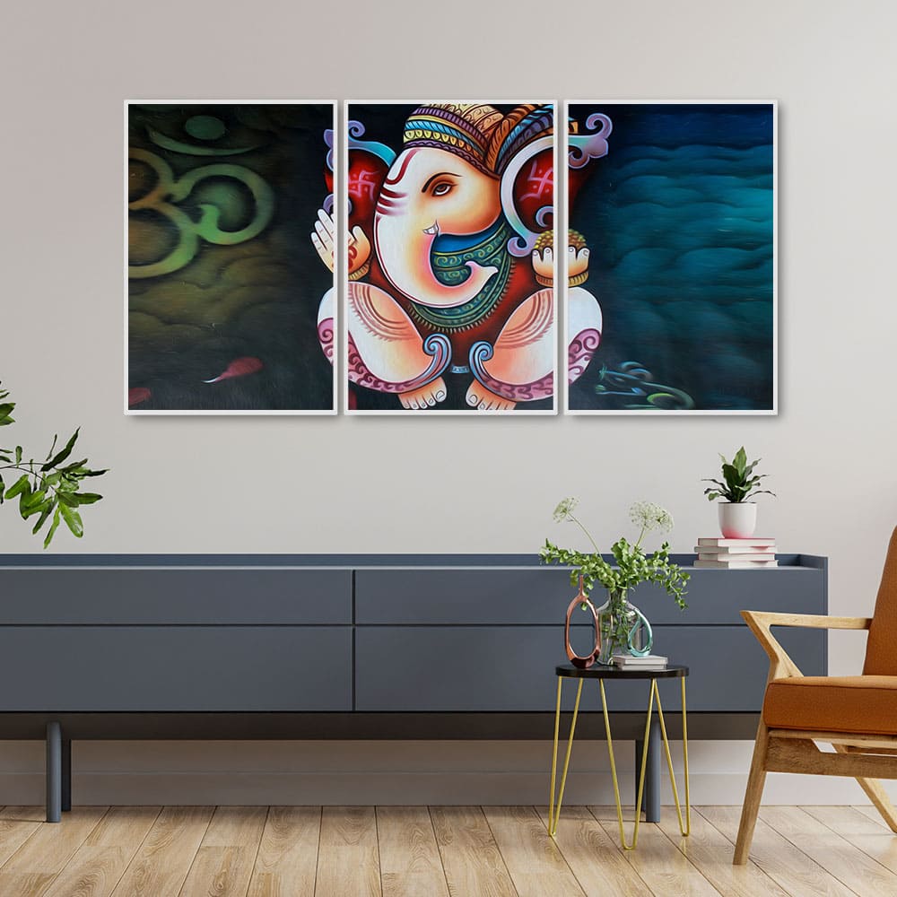 Hindu Lord Ganesha Floating Canvas Wall Painting Set of Three