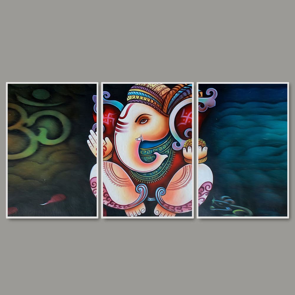 Hindu Lord Ganesha Floating Canvas Wall Painting Set of Three