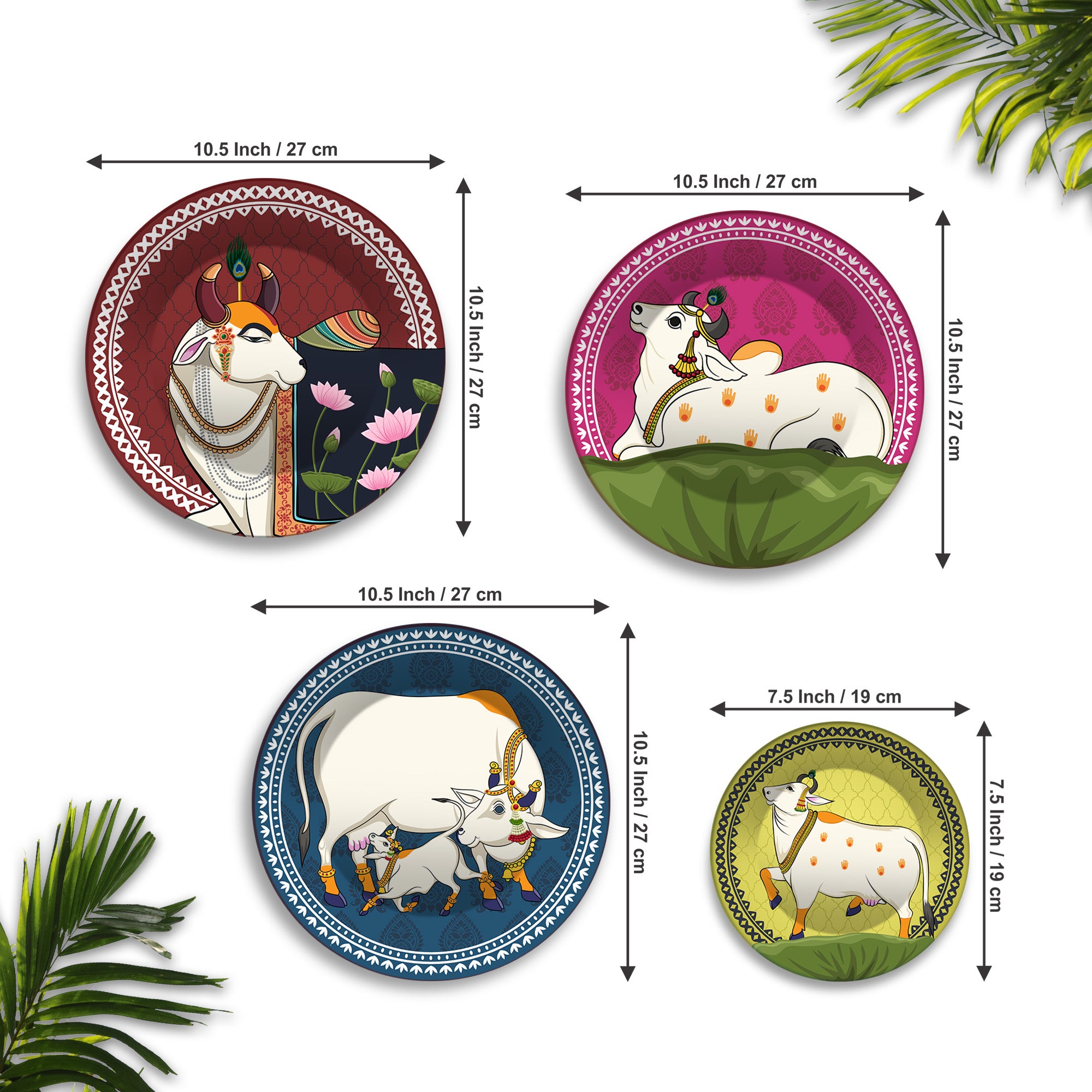 Hindu Sacred Cow Folk Art Premium Wall Plates Painting Set of Four
