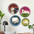 Hindu Sacred Cow Folk Art Premium Wall Plates Painting Set of Four
