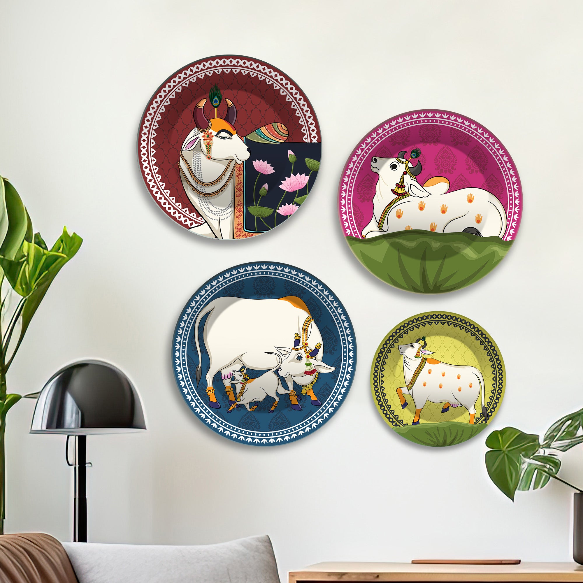 Hindu Sacred Cow Folk Art Premium Wall Plates Painting Set of Four