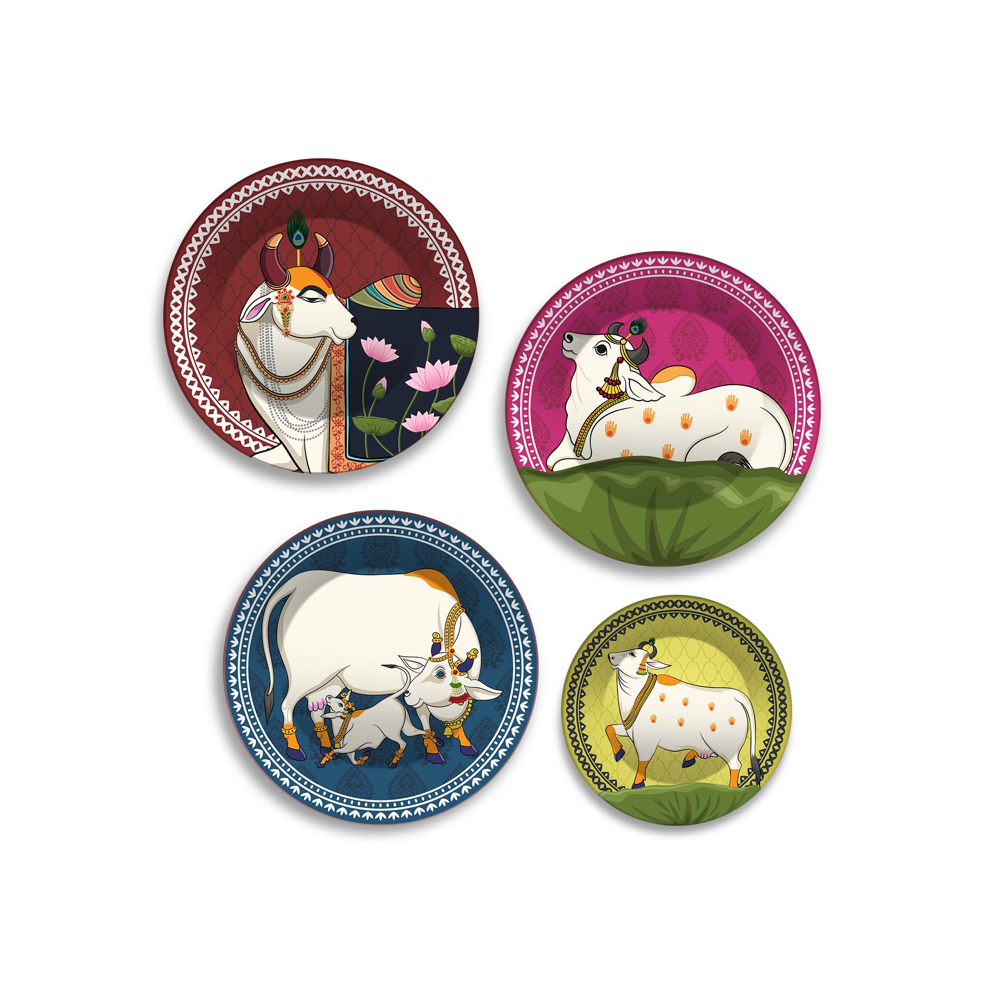 Hindu Sacred Cow Folk Art Premium Wall Plates Painting Set of Four