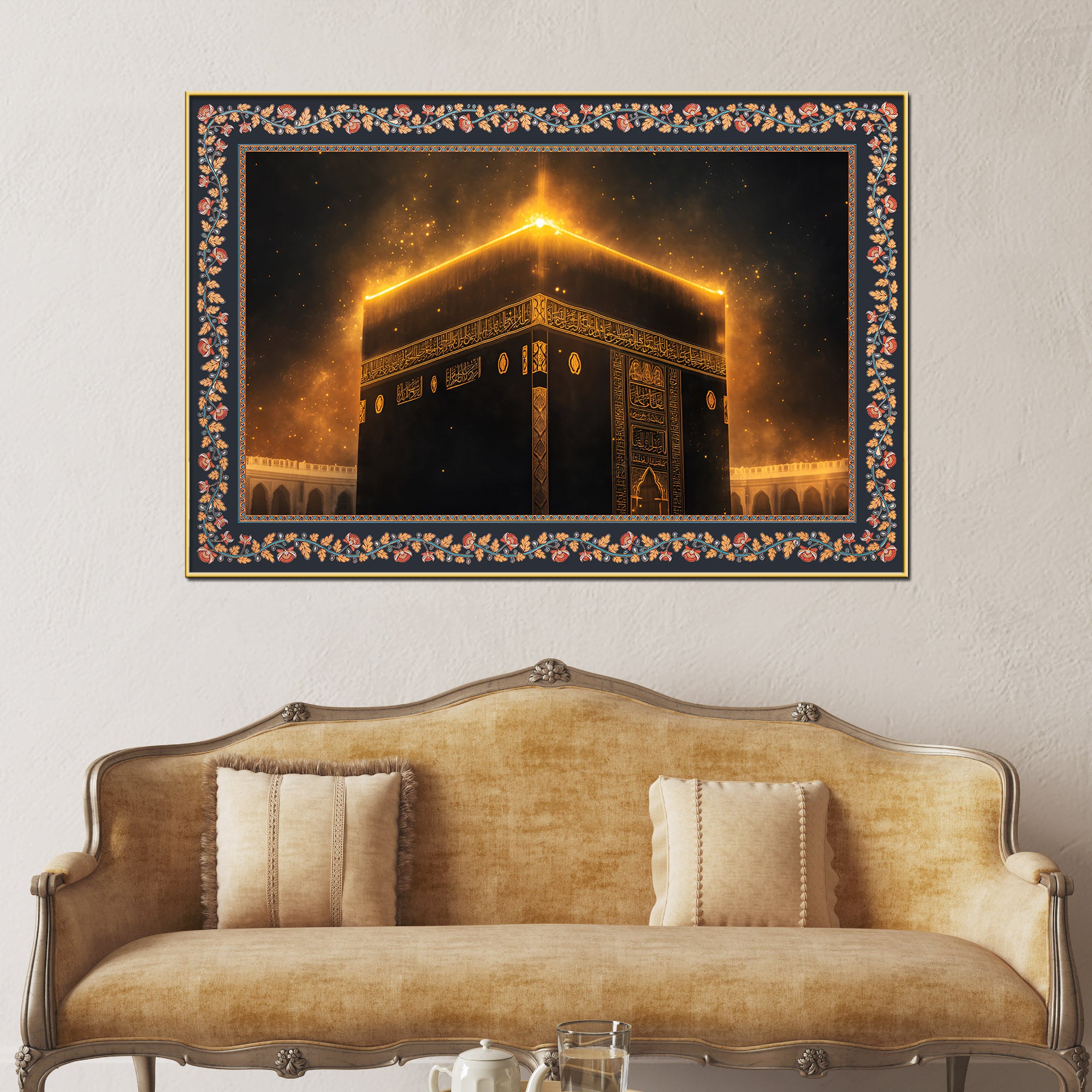 Holy Kaaba Peace & Serenity Floral Border Canvas Wall Painting