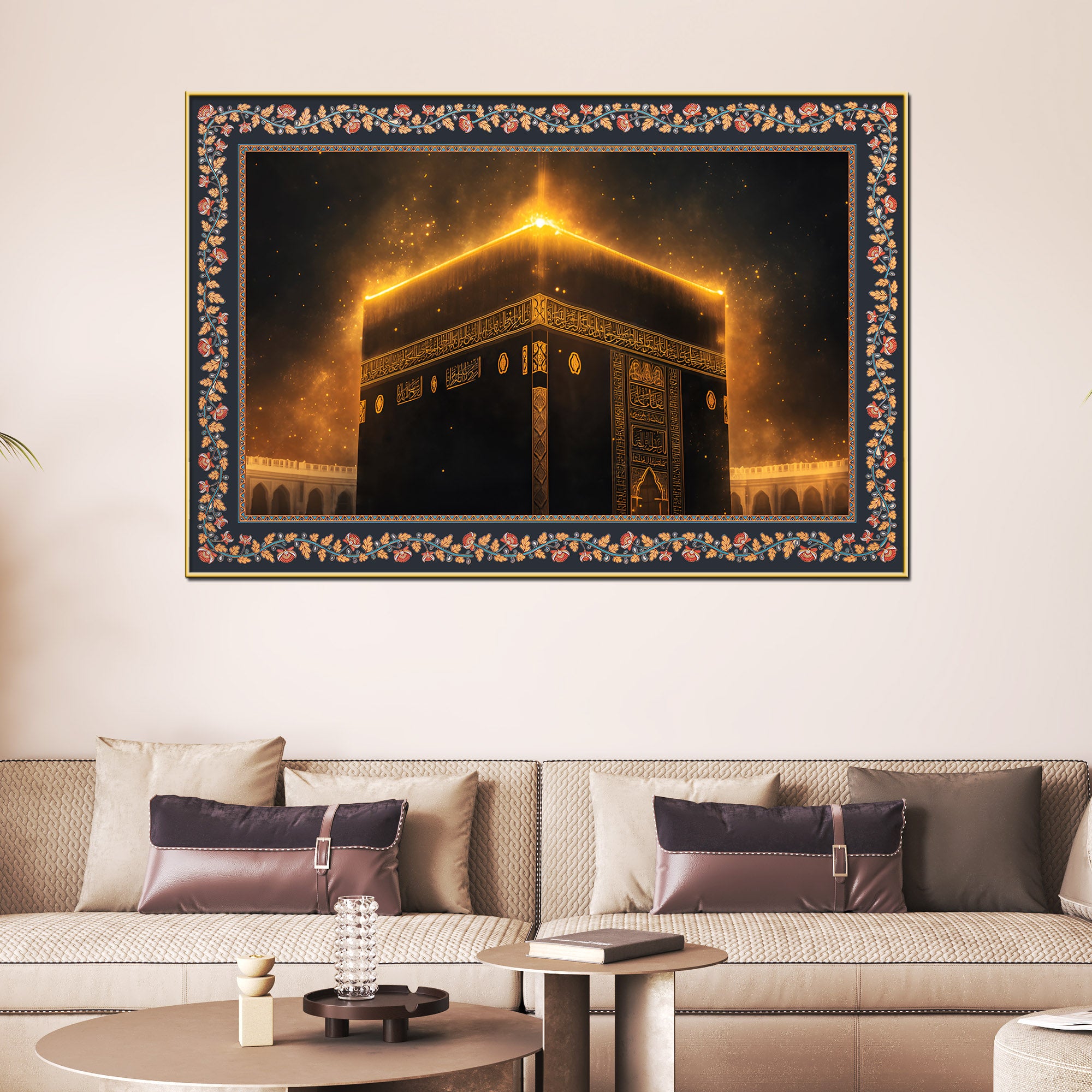 Holy Kaaba Peace & Serenity Floral Border Canvas Wall Painting