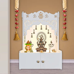 Holy Symbol Om Chakra Floor Temple with Spacious Wooden Shelf & Inbuilt Focus Light- White Finish