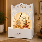 Holy Symbol Om Chakra Floor Temple with Spacious Wooden Shelf & Inbuilt Focus Light- White Finish