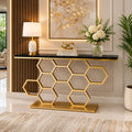 Honeycomb Motif Artistic Golden Finish Metal Console Table