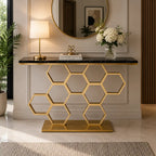 Honeycomb Motif Artistic Golden Finish Metal Console Table