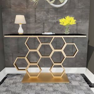 Honeycomb Motif Artistic Golden Finish Metal Console Table