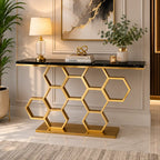 Honeycomb Motif Artistic Golden Finish Metal Console Table