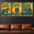 Horse Cow & Elephant Indian Folk Art Acrylic Floating Wall Painting Set of 3
