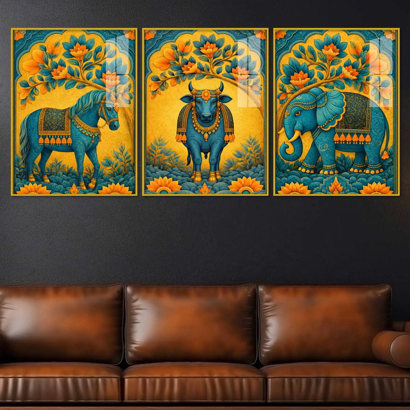 Horse Cow & Elephant Indian Folk Art Acrylic Floating Wall Painting Set of 3