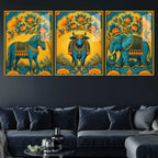 Horse Cow & Elephant Indian Folk Art Acrylic Floating Wall Painting Set of 3