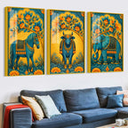 Horse Cow & Elephant Indian Folk Art Acrylic Floating Wall Painting Set of 3