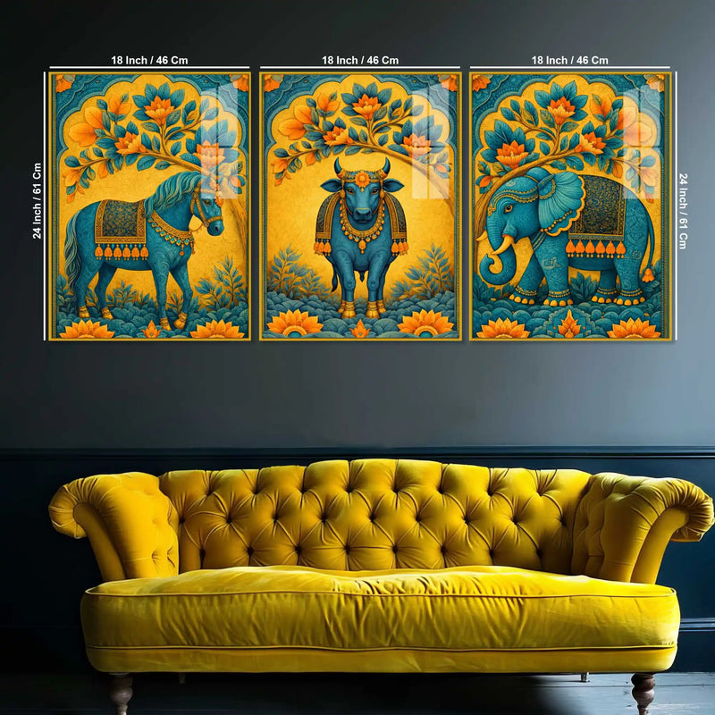 Horse Cow & Elephant Indian Folk Art Acrylic Floating Wall Painting Set of 3