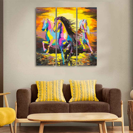 Horses Running in Sunset Canvas Wall Painting of 3 Pieces