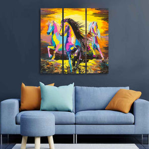 Horses Running in Sunset Canvas Wall Painting of 3 Pieces