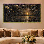 Hot Air Balloons Over Serene Ocean Sunset Metallic Look 3D Canvas Wall Painting