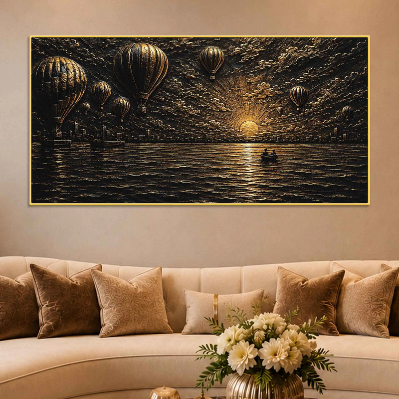 Hot Air Balloons Over Serene Ocean Sunset Metallic Look 3D Canvas Wall Painting