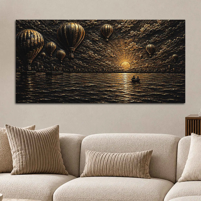 Hot Air Balloons Over Serene Ocean Sunset Metallic Look 3D Canvas Wall Painting