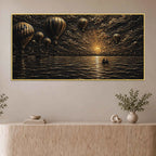 Hot Air Balloons Over Serene Ocean Sunset Metallic Look 3D Canvas Wall Painting