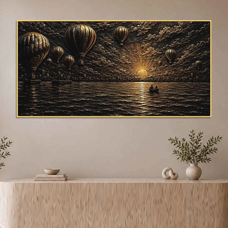 Hot Air Balloons Over Serene Ocean Sunset Metallic Look 3D Canvas Wall Painting