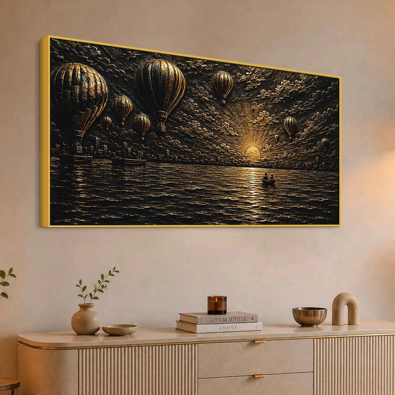 Hot Air Balloons Over Serene Ocean Sunset Metallic Look 3D Canvas Wall Painting