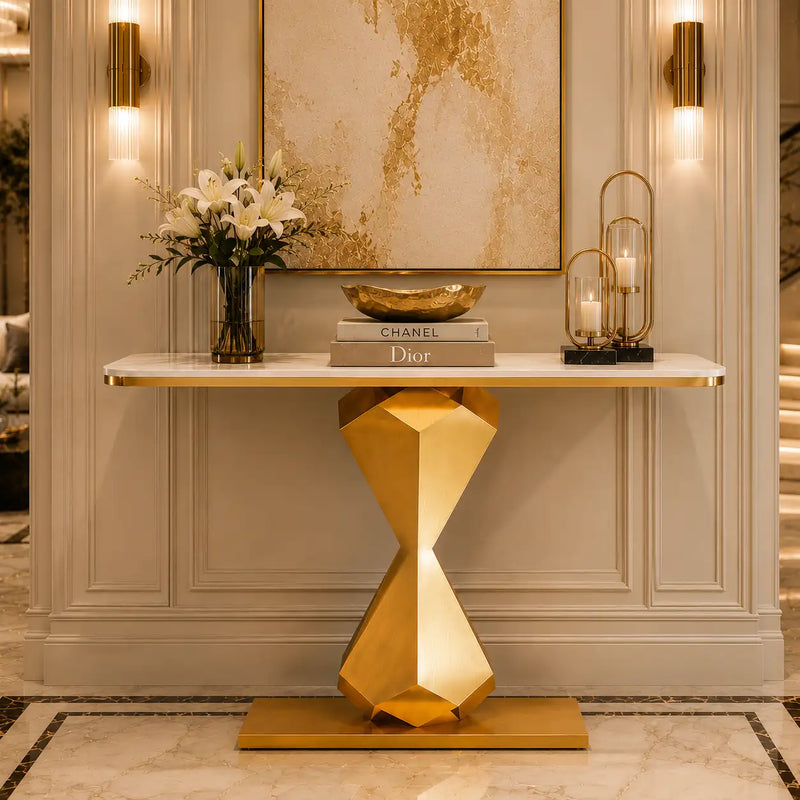 Hourglass Shape Console Table with Polished Gold Frame