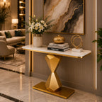 Hourglass Shape Console Table with Polished Gold Frame