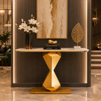 Hourglass Shape Console Table with Polished Gold Frame