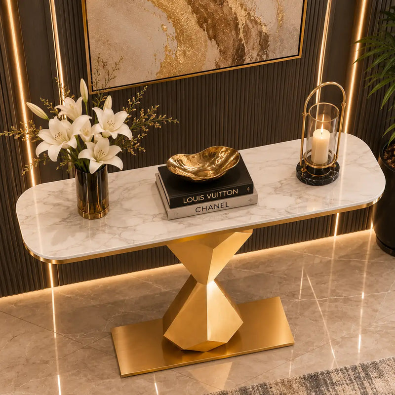 Hourglass Shape Console Table with Polished Gold Frame