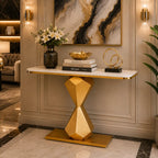 Hourglass Shape Console Table with Polished Gold Frame