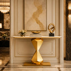 Hourglass Shape Console Table with Polished Gold Frame
